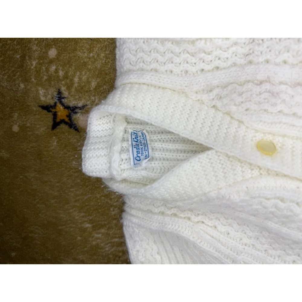 Vintage Cradle Knit‎ Baby 3pc Set Cardigan Suspender Shorts Bonnet Cream White